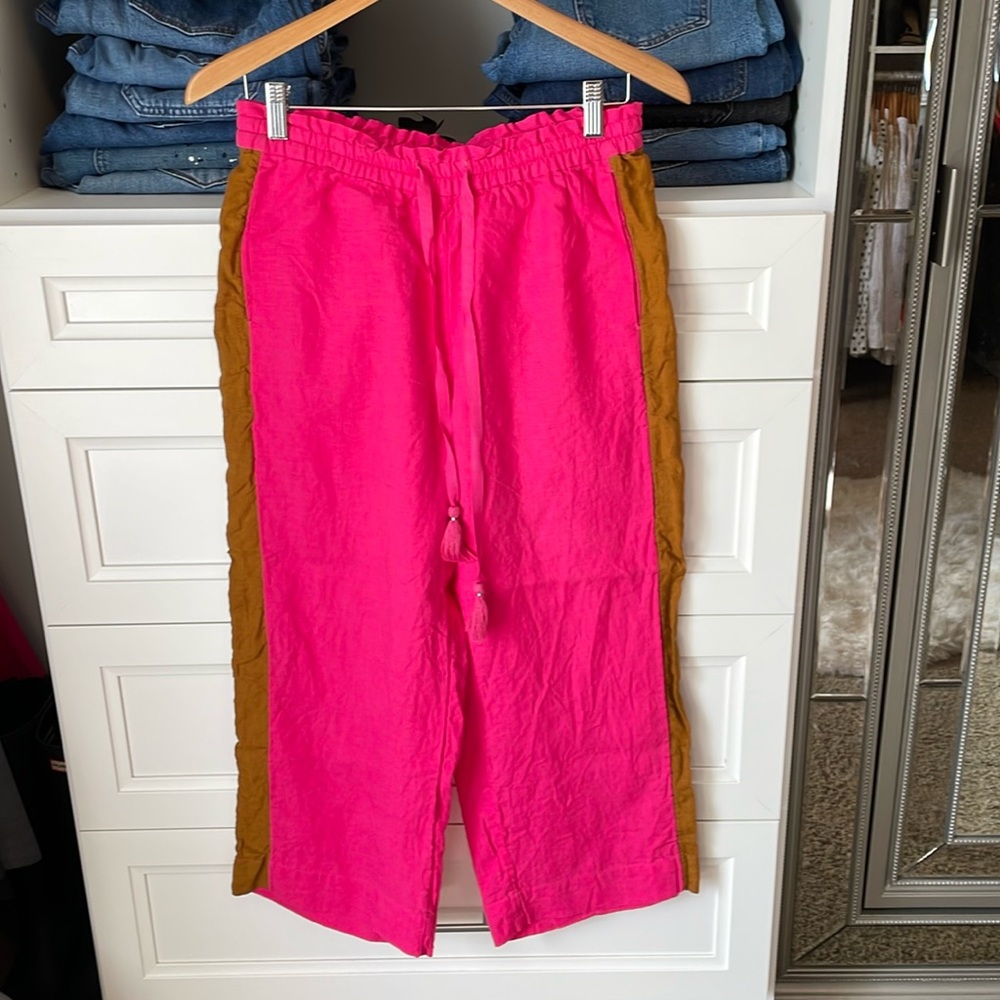 NWOT hot pink/tan linen, wide leg pants